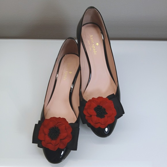 Kate Spade Heel Pump Shoes Size 9 Black Patent Leather Flower Glitter Whimsigoth - Picture 1 of 11